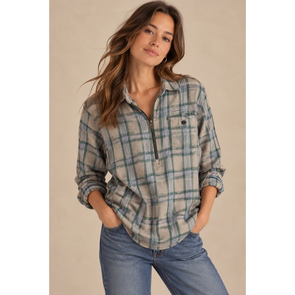 Toad&Co Womens XS Flannel Quarter Zip Pullover Plaid Shirt Grey Green Recycled